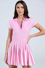 ALINA PLEATED KNIT FIT AND FLARE MINI DRESS IN PINK MULTI
