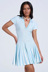 ALINA PLEATED KNIT FIT AND FLARE MINI DRESS IN BLUE