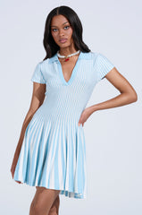 ALINA PLEATED KNIT FIT AND FLARE MINI DRESS IN BLUE