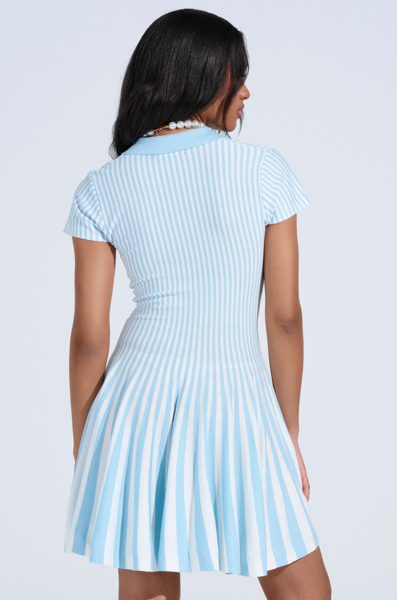 ALINA PLEATED KNIT FIT AND FLARE MINI DRESS IN BLUE