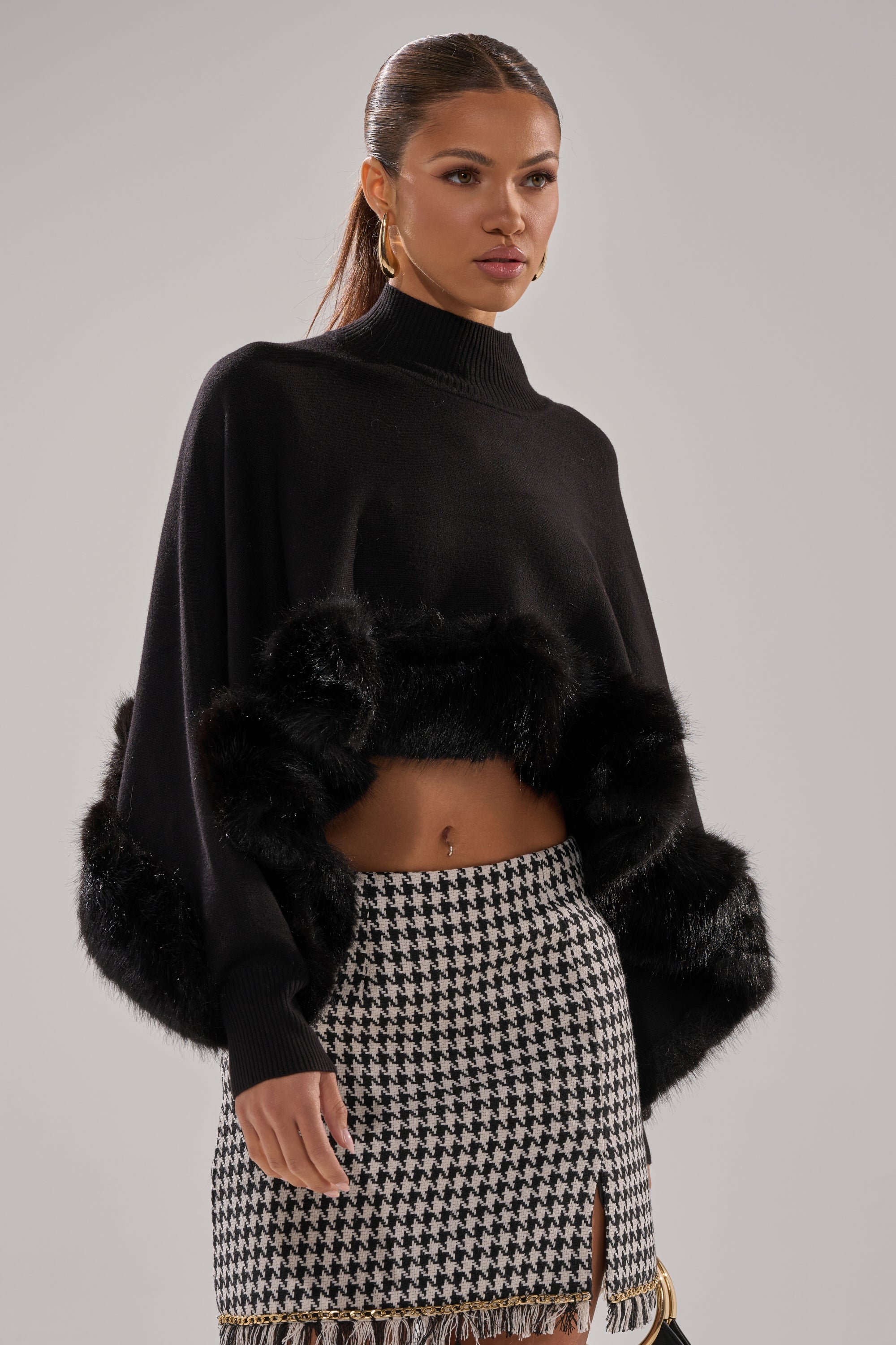 QUIET LUX FUR TRIM SWEATER IN BLACK