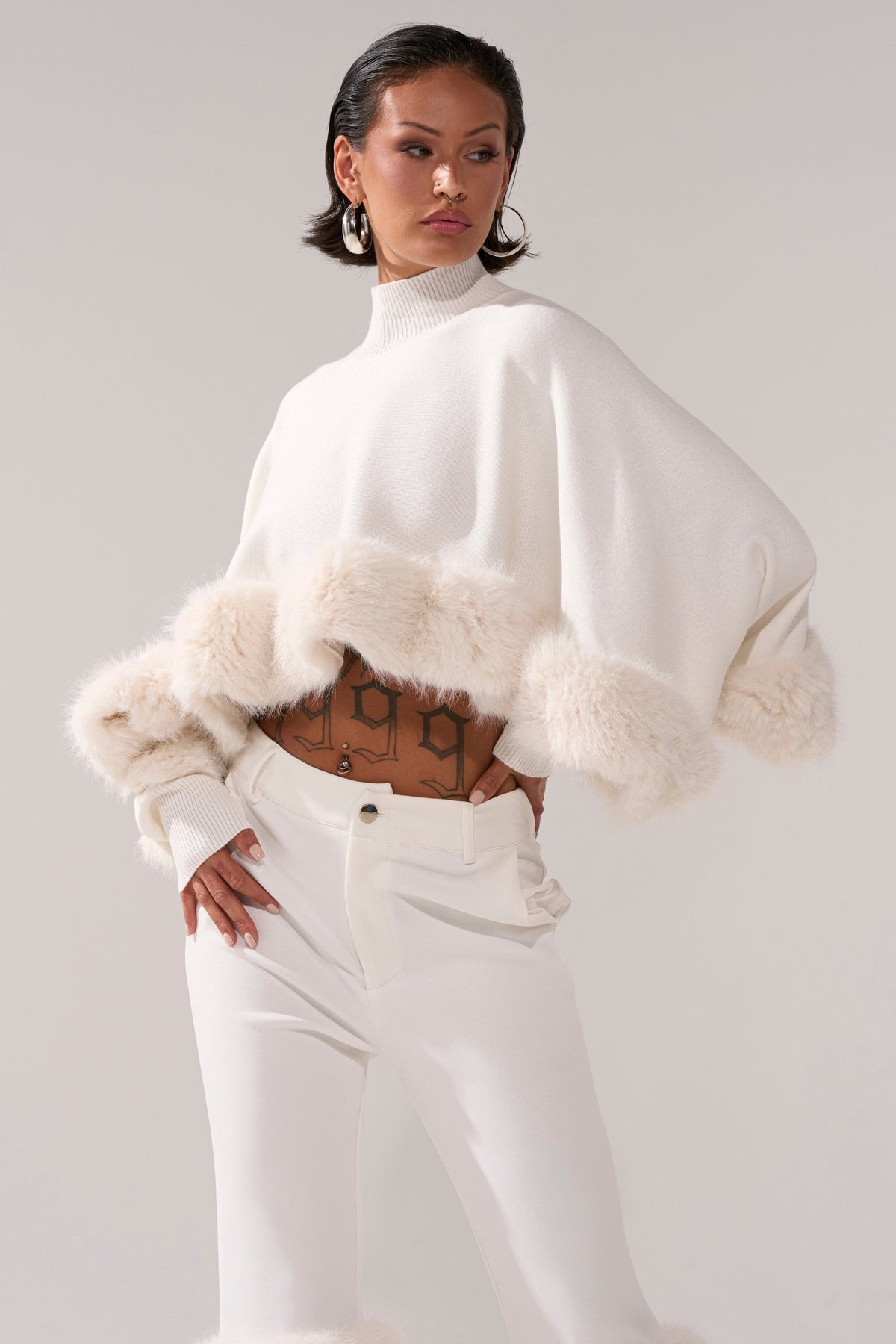 QUIET LUX FUR TRIM SWEATER IN WHITE