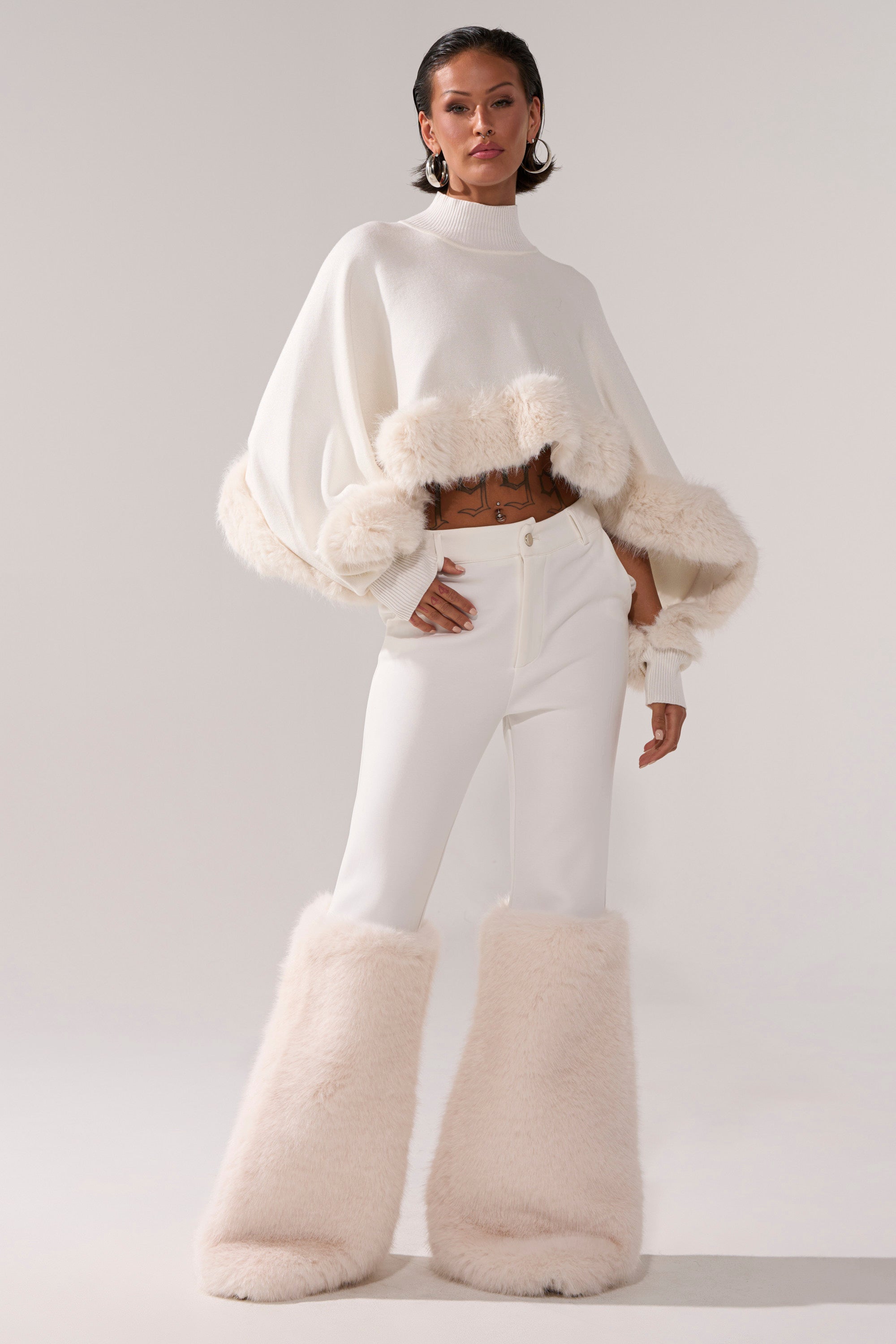 QUIET LUX FUR TRIM SWEATER IN WHITE