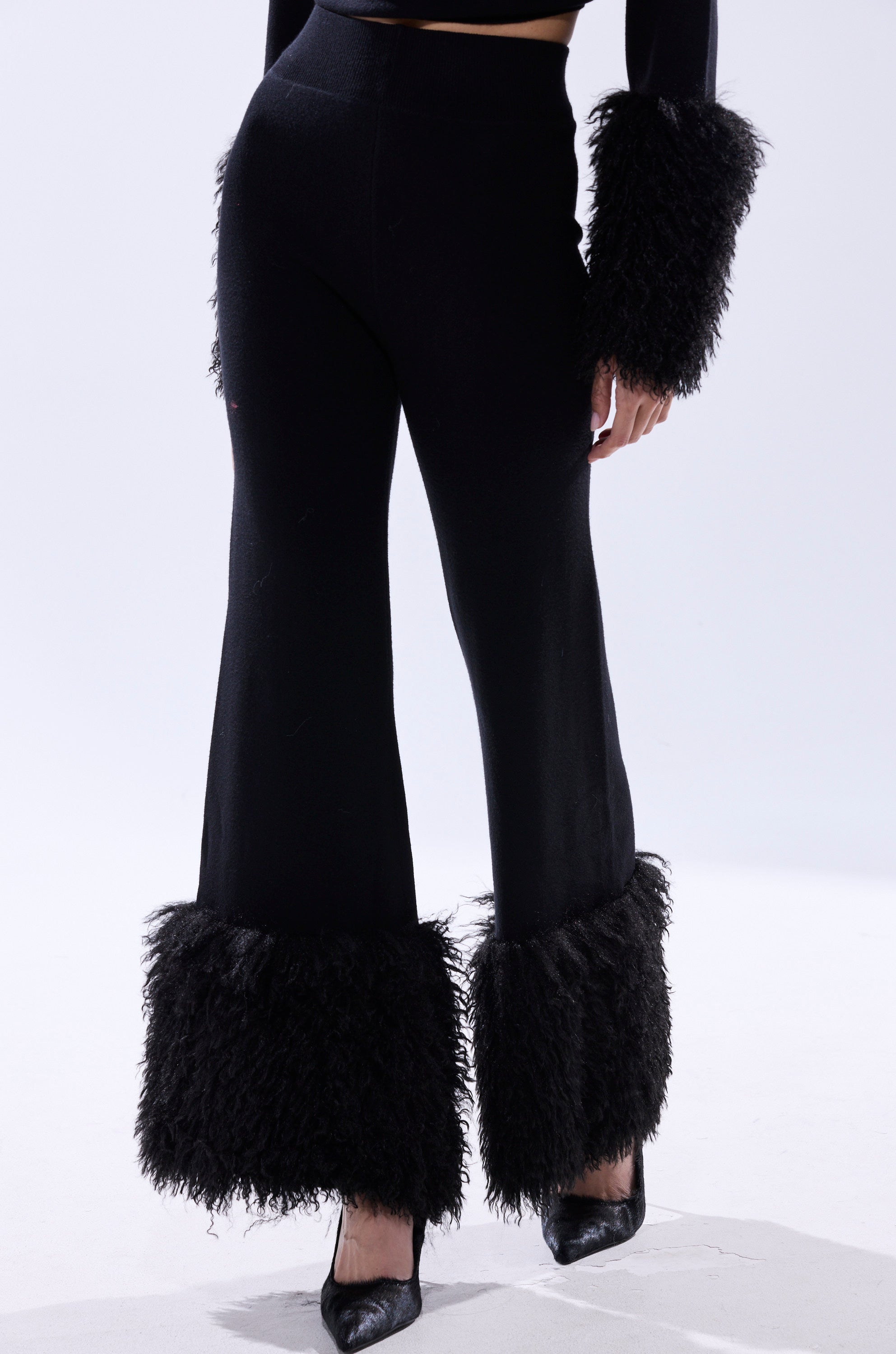 COZY VIBES SWEATER PANT WITH FUR CUFF IN BLACK