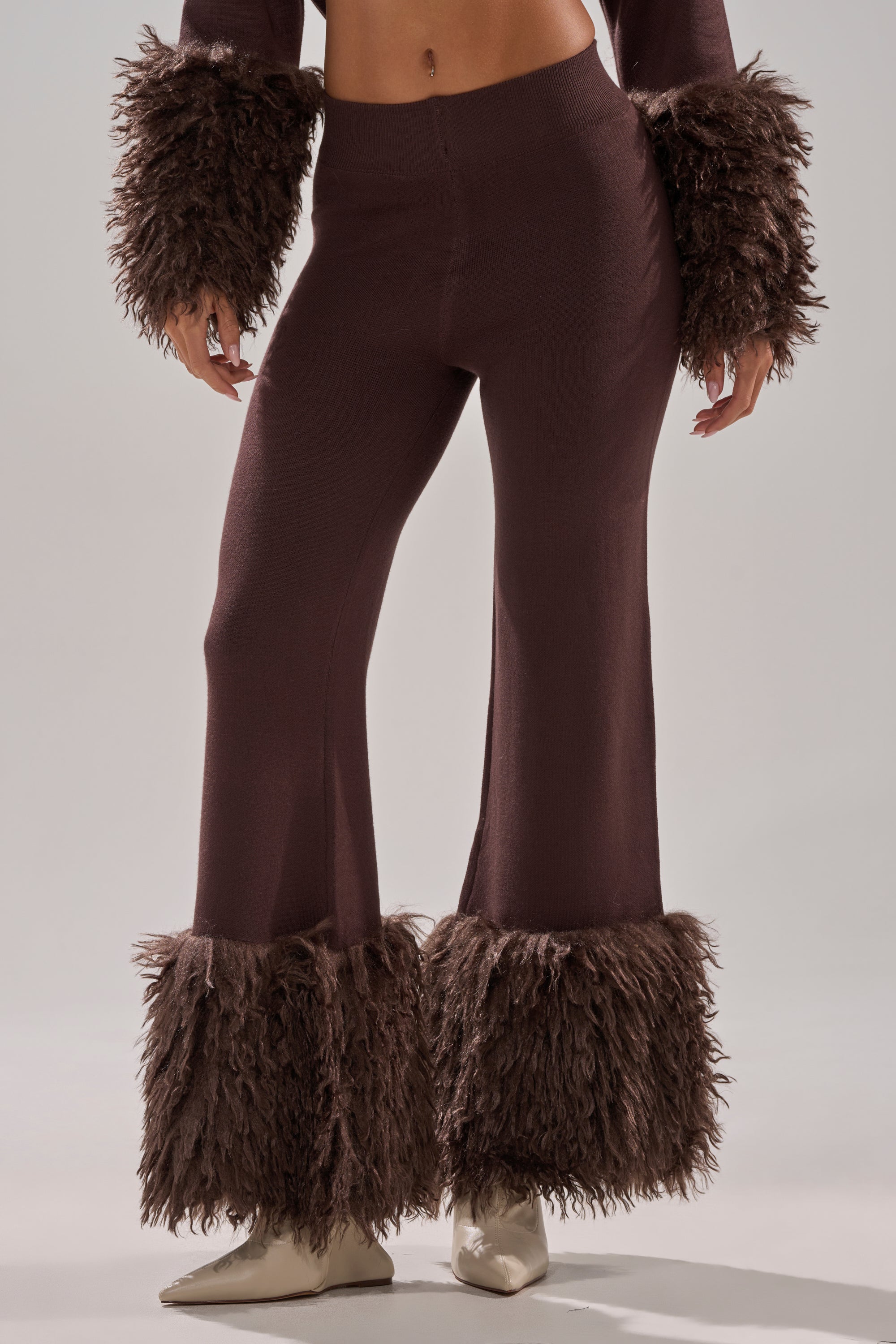 COZY VIBES SWEATER PANT WITH FUR CUFF IN BROWN