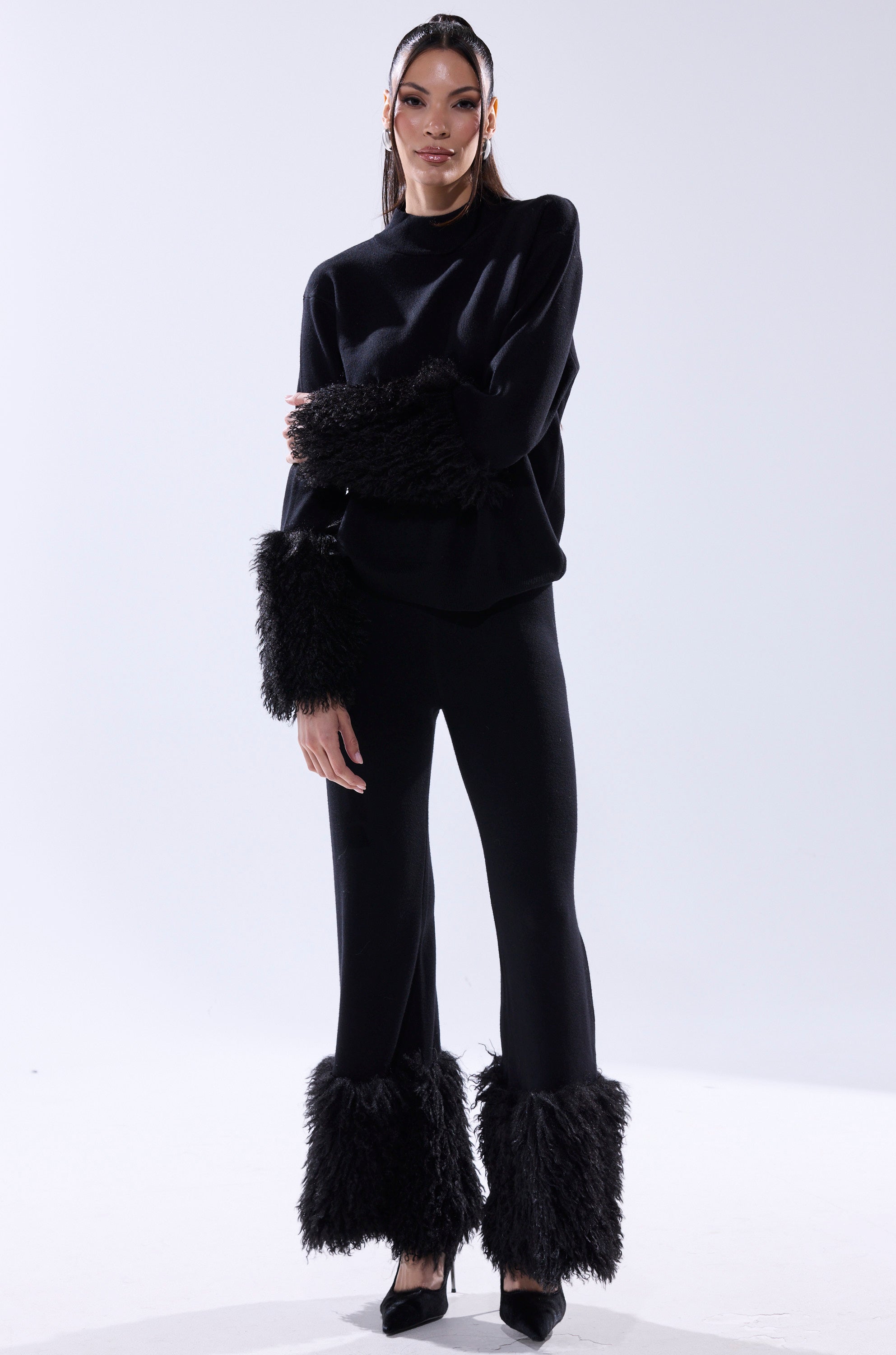 COZY VIBES SWEATER WITH FUR CUFF IN BLACK