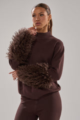 COZY VIBES SWEATER WITH FUR CUFF IN BROWN