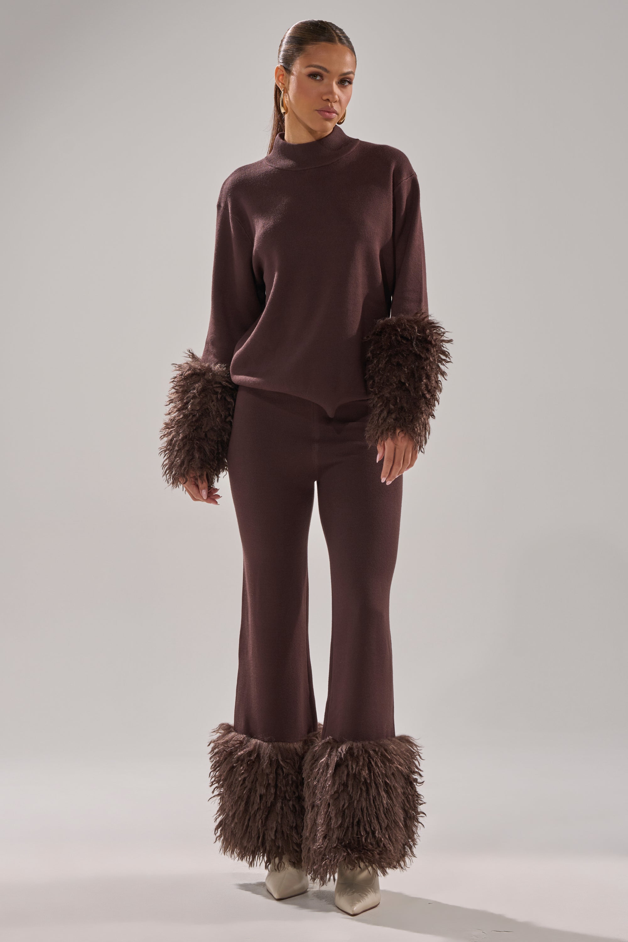 COZY VIBES SWEATER WITH FUR CUFF IN BROWN