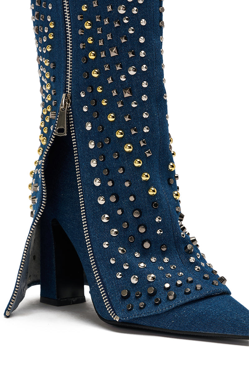 AZALEA WANG HENZI DENIM STUDDED CHUNKY BOOTIE