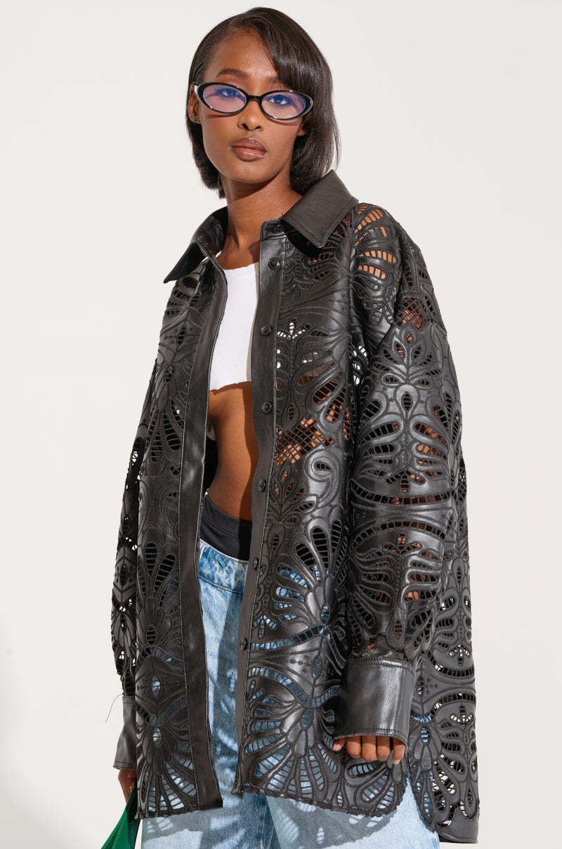 FEEL THE VIBE BUTTON DOWN FAUX LEATHER BLOUSE