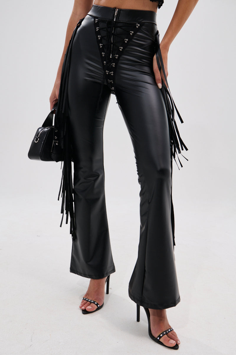 SHOW TIME FAUX LEATHER FLARE PANT WITH LACE UP