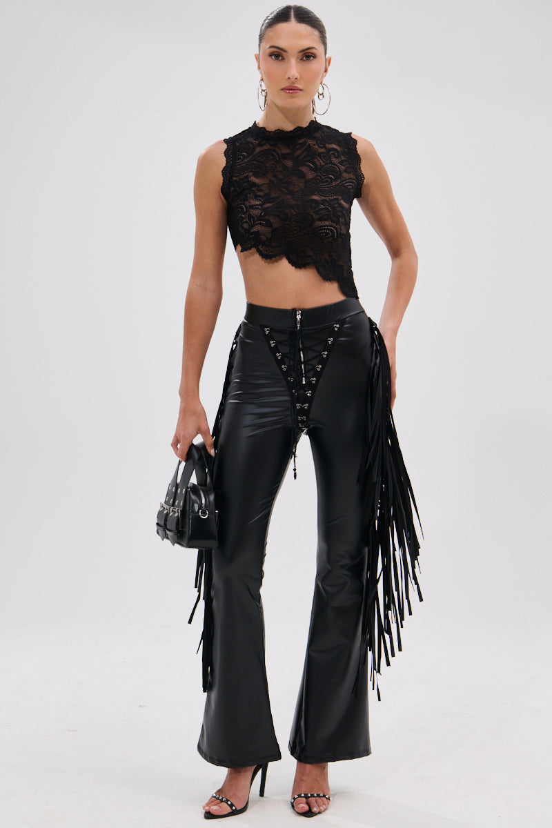 SHOW TIME FAUX LEATHER FLARE PANT WITH LACE UP