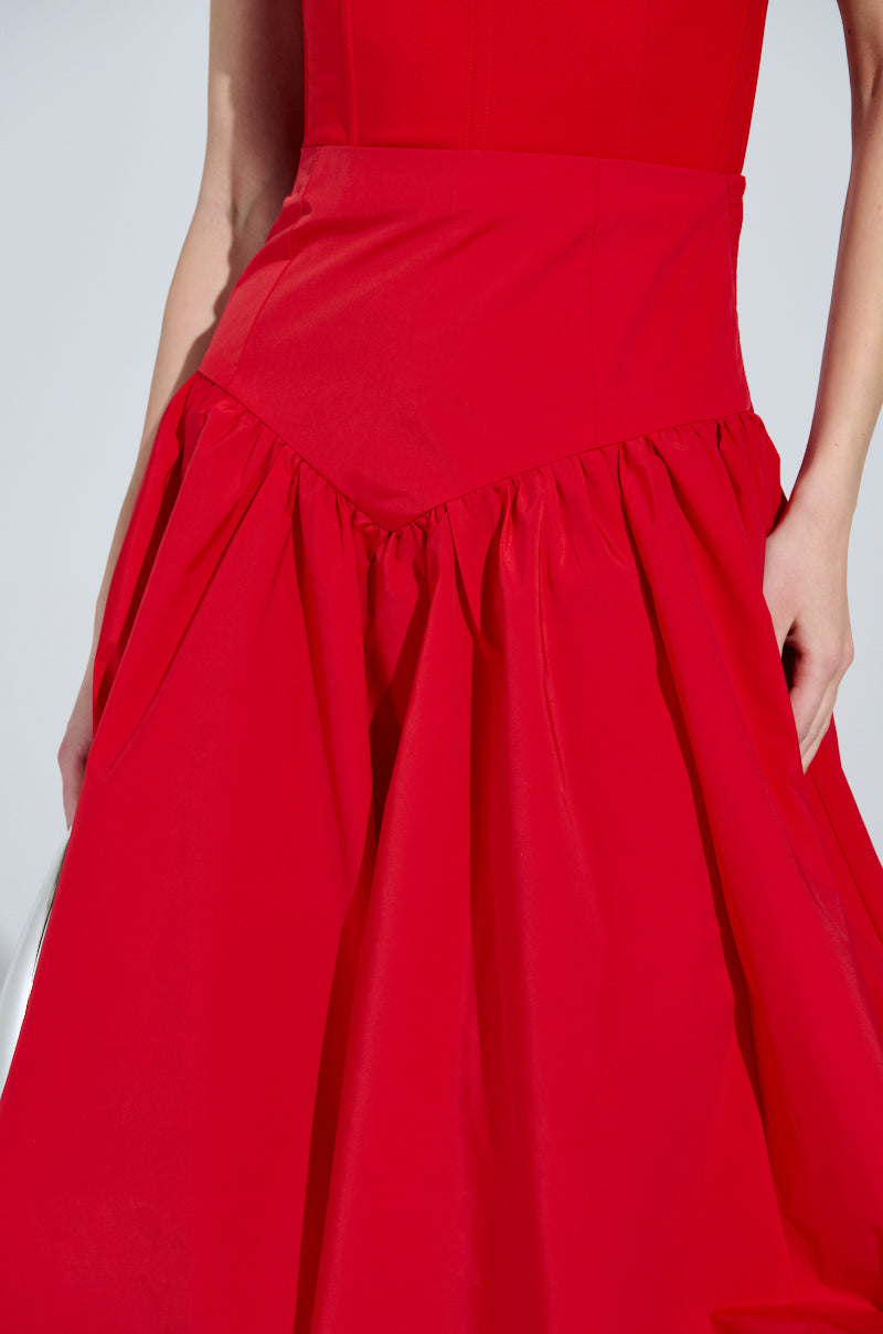 I FOUND YOU DROP WAIST MIDI SKIRT IN RED