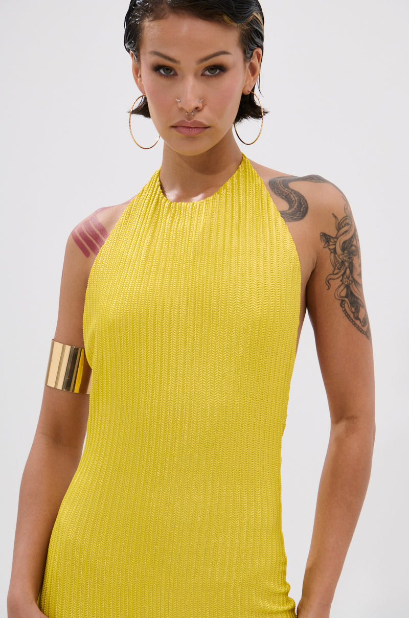 STRUCK GOLD METALLIC MIDI DRESS IN YELLOW
