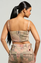 SEASONAL AWAKENING PRINTED DENIM CORSET