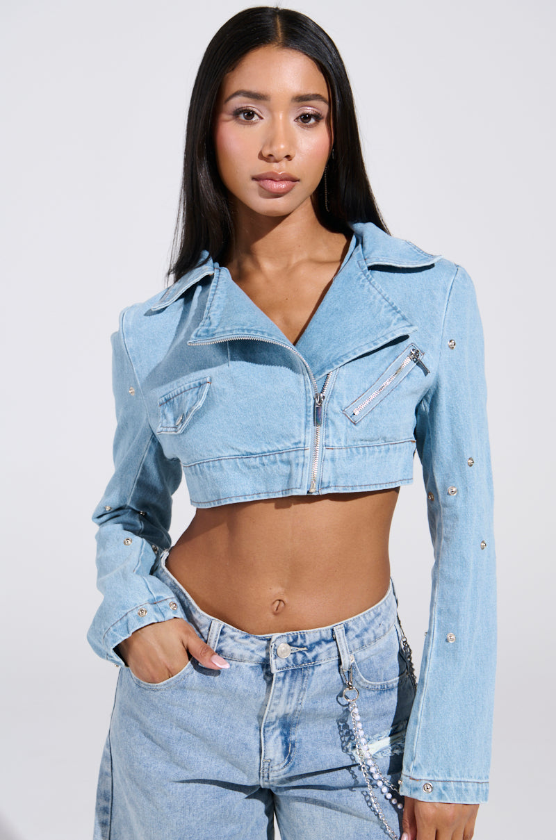 SNAP OUT OF IT ULTRA CROP MOTO IN DENIM