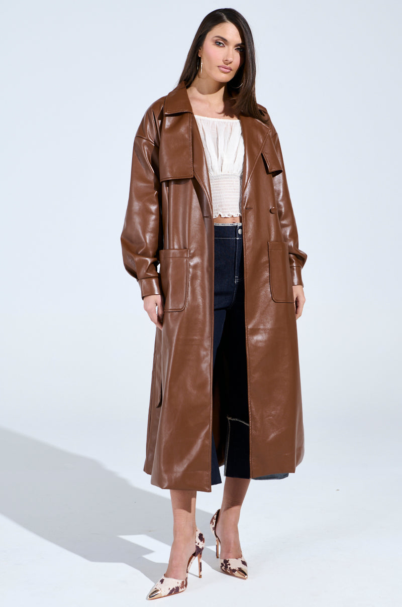 BUTTER LUXE FAUX LEATHER TRENCH IN BROWN
