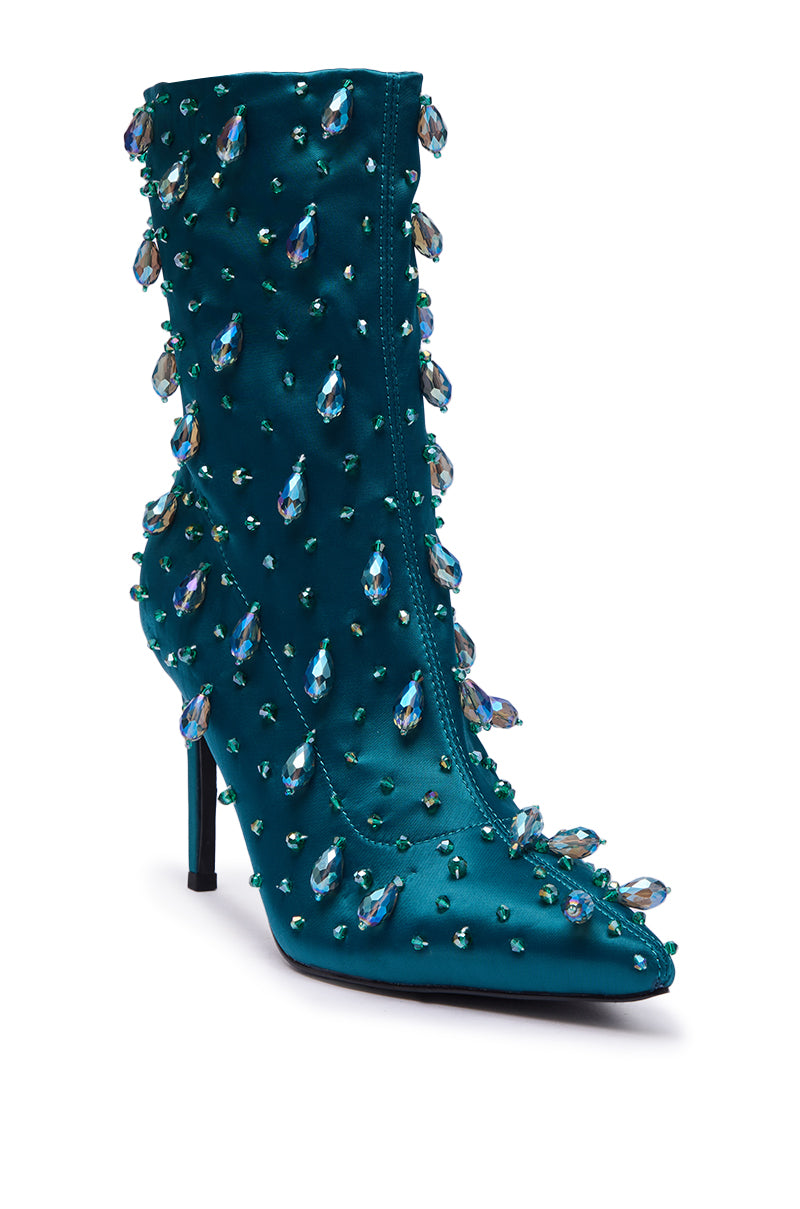 AZALEA WANG IZIDOR TEAL EMBELLISHED RHINESTONE BOOTIE