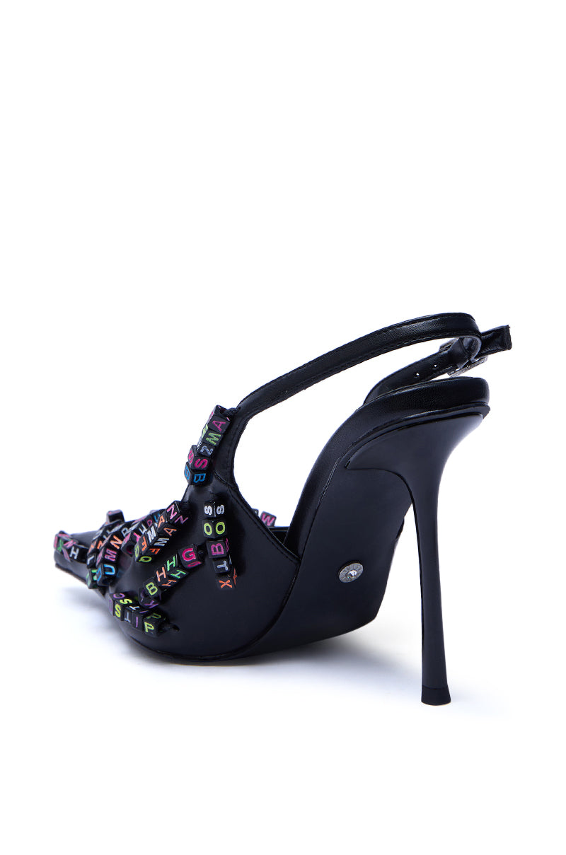 AKIRA LETTER BEAD EMBELLISHED SLING BACK NOVELTY PUMP