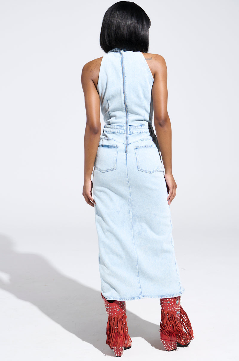 PEEKABOO DENIM MIDI DRESS