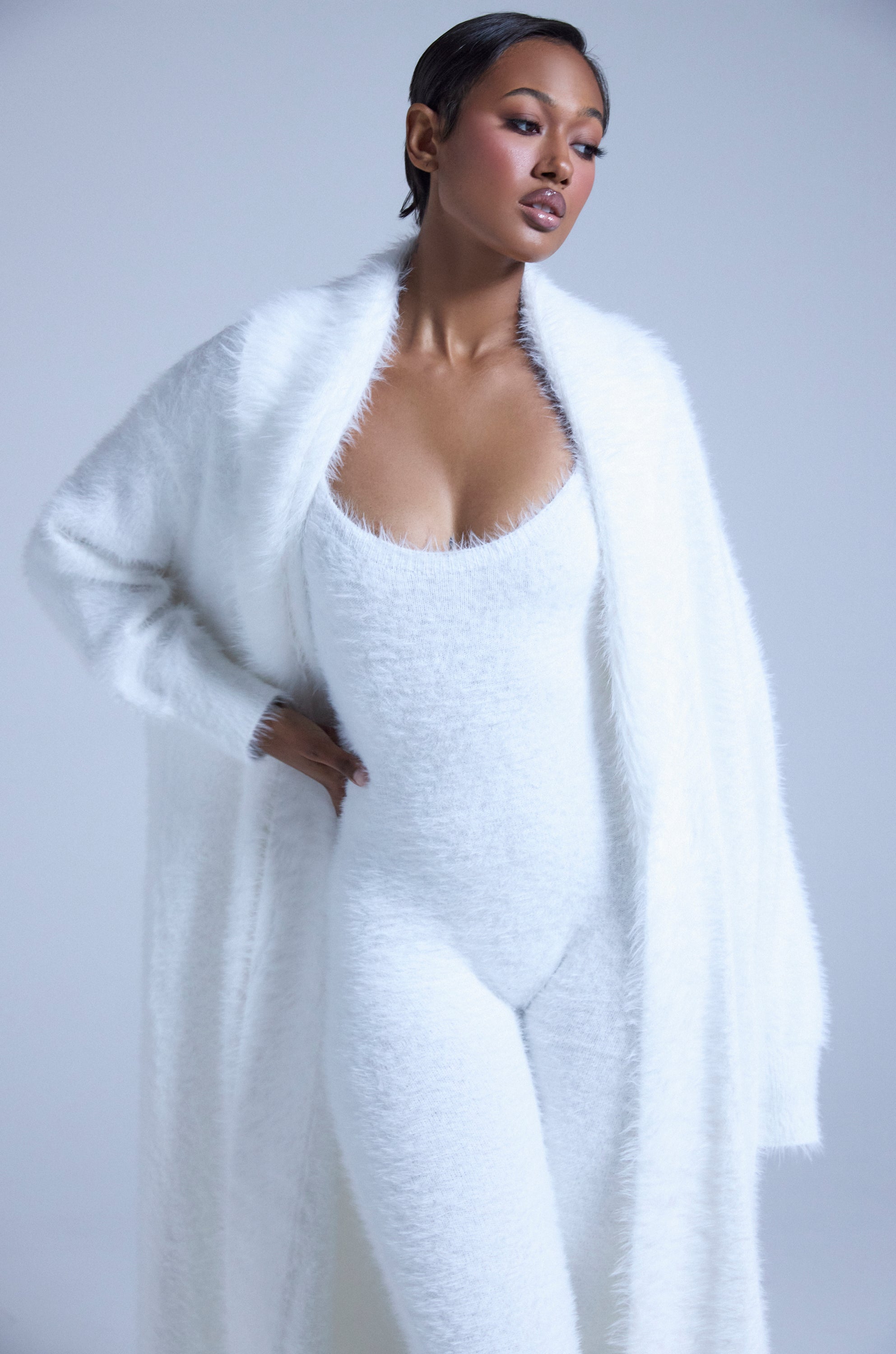 FUZZY KNIT SHAWL NECK CARDIGAN