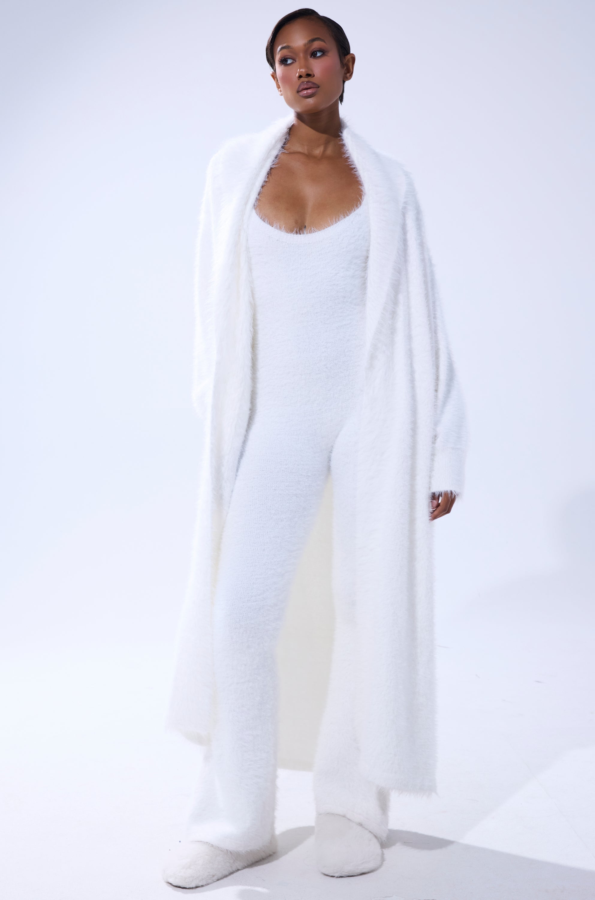 FUZZY KNIT SHAWL NECK CARDIGAN