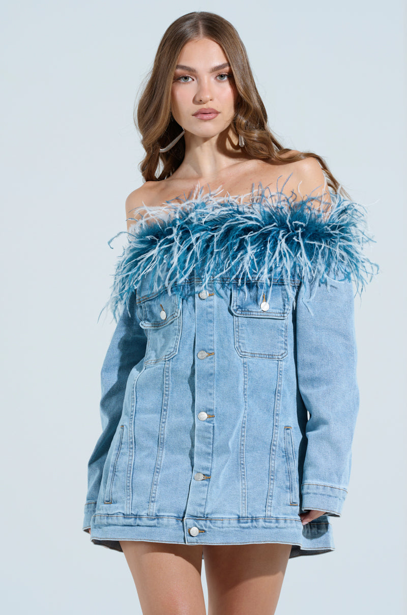 CHIC AF DENIM MINI DRESS WITH FEATHERS