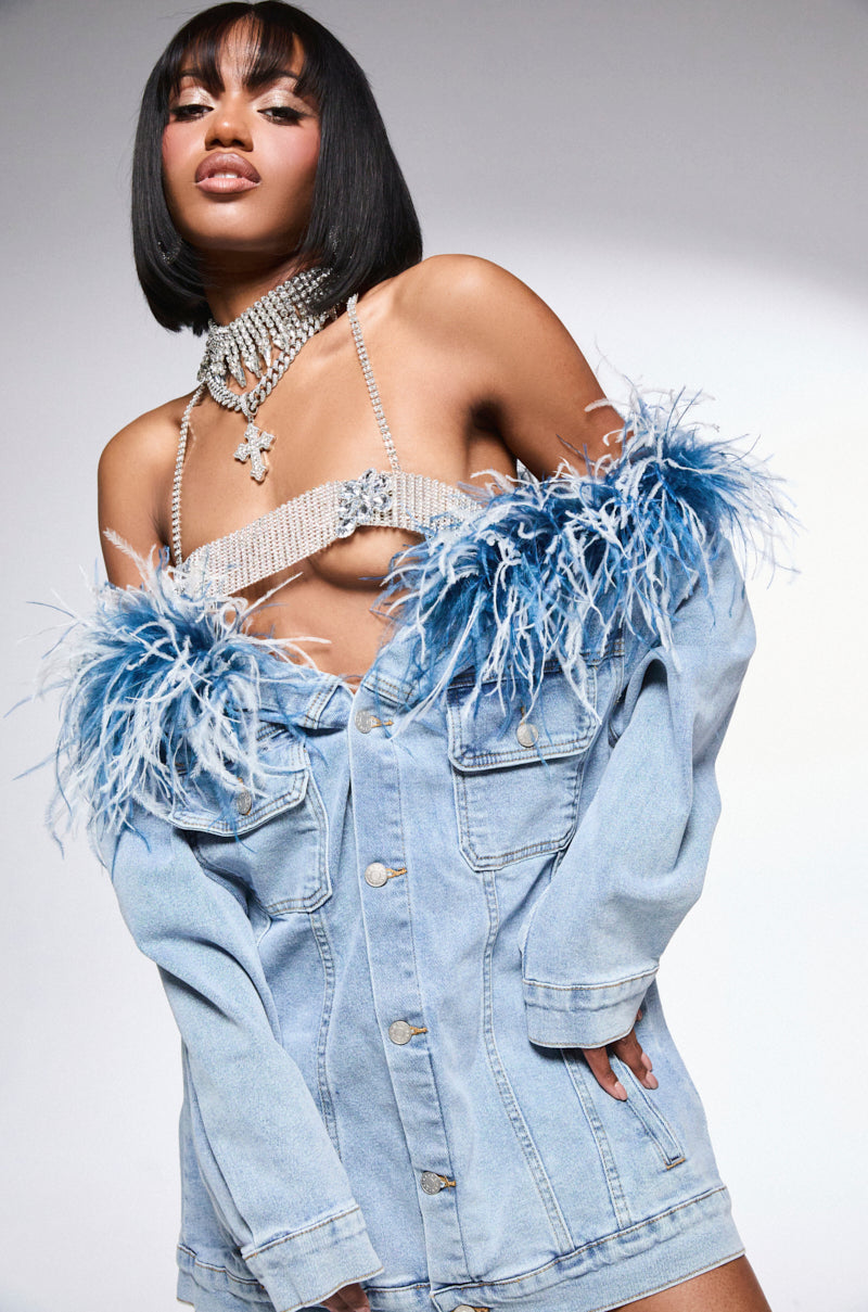 CHIC AF DENIM MINI DRESS WITH FEATHERS