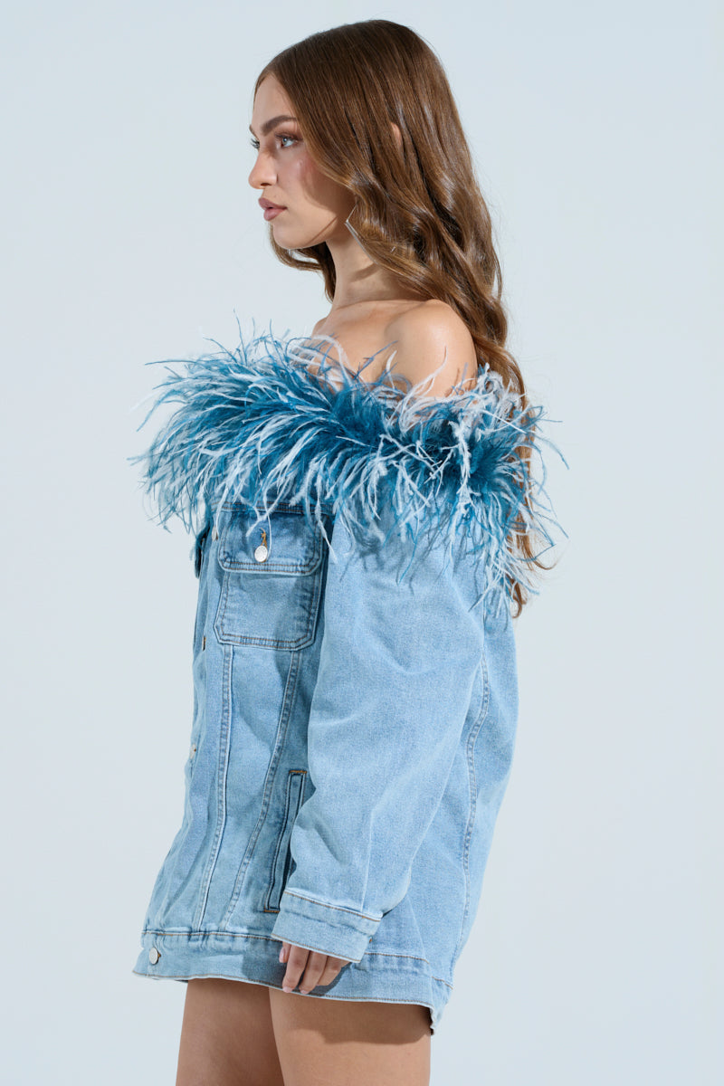 CHIC AF DENIM MINI DRESS WITH FEATHERS