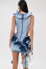 SAY IT AGAIN RUFFLED DENIM MINI DRESS