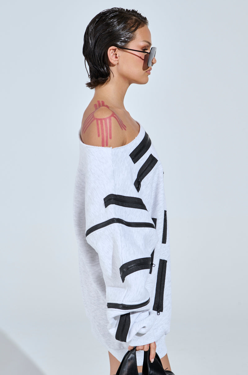 ZIP ZAP OFF THE SHOULDER SWEATSHIRT DRESS-GREY MULTI