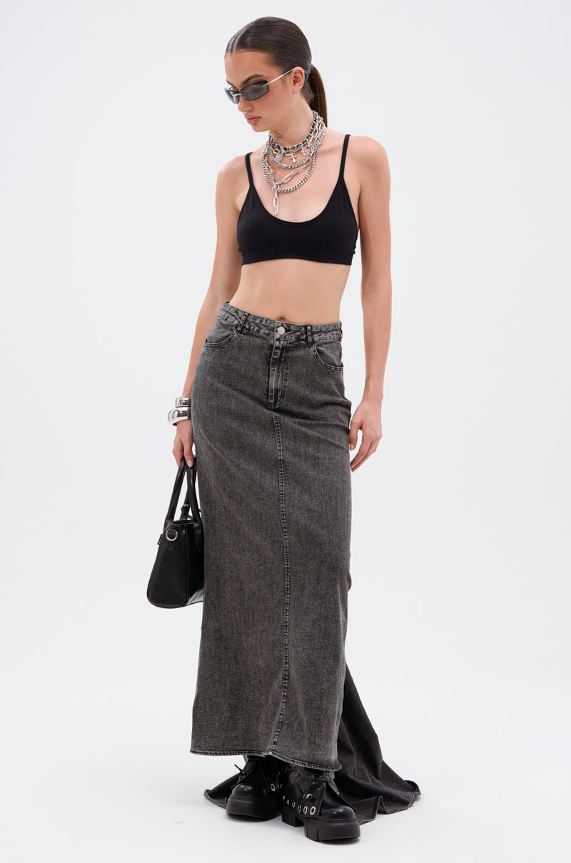 OH THE DRAMA DENIM MAXI SKIRT WITH TRAIN IN GREY