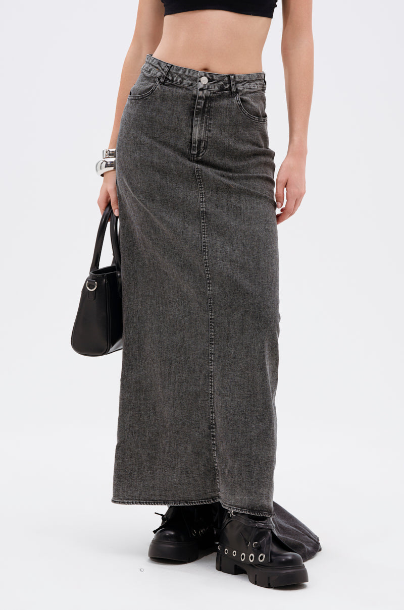 OH THE DRAMA DENIM MAXI SKIRT WITH TRAIN IN GREY