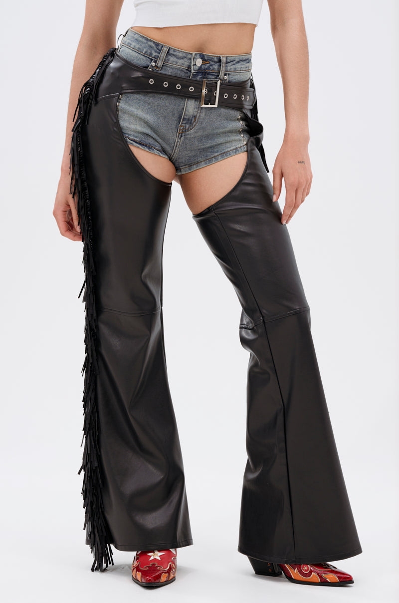 RODEO FRINGE FAUX LEATHER CHAPS