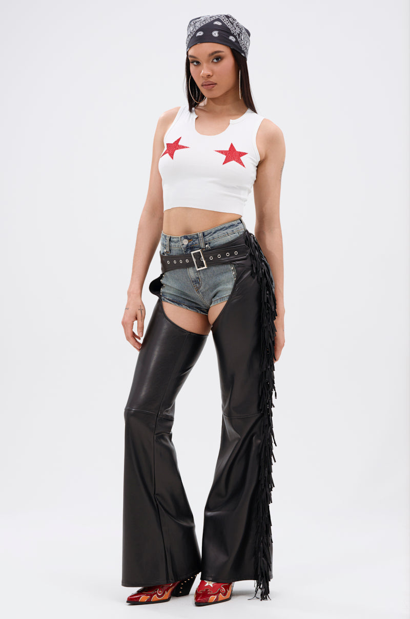 RODEO FRINGE FAUX LEATHER CHAPS