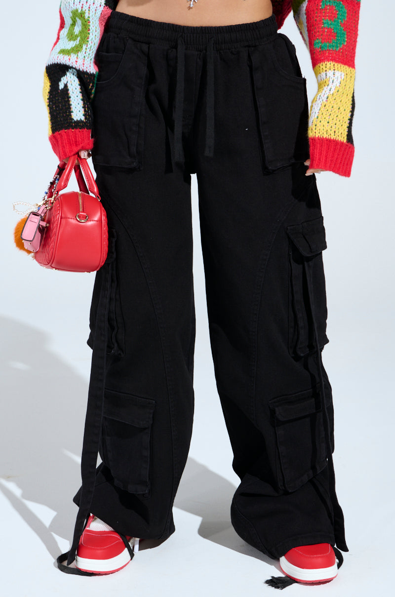 THINK ABOUT IT BLACK DENIM CARGO JOGGER