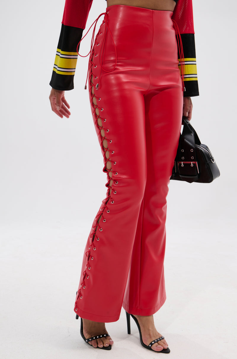SEXY FAUX LEATHER RED LACE-UP PANTS