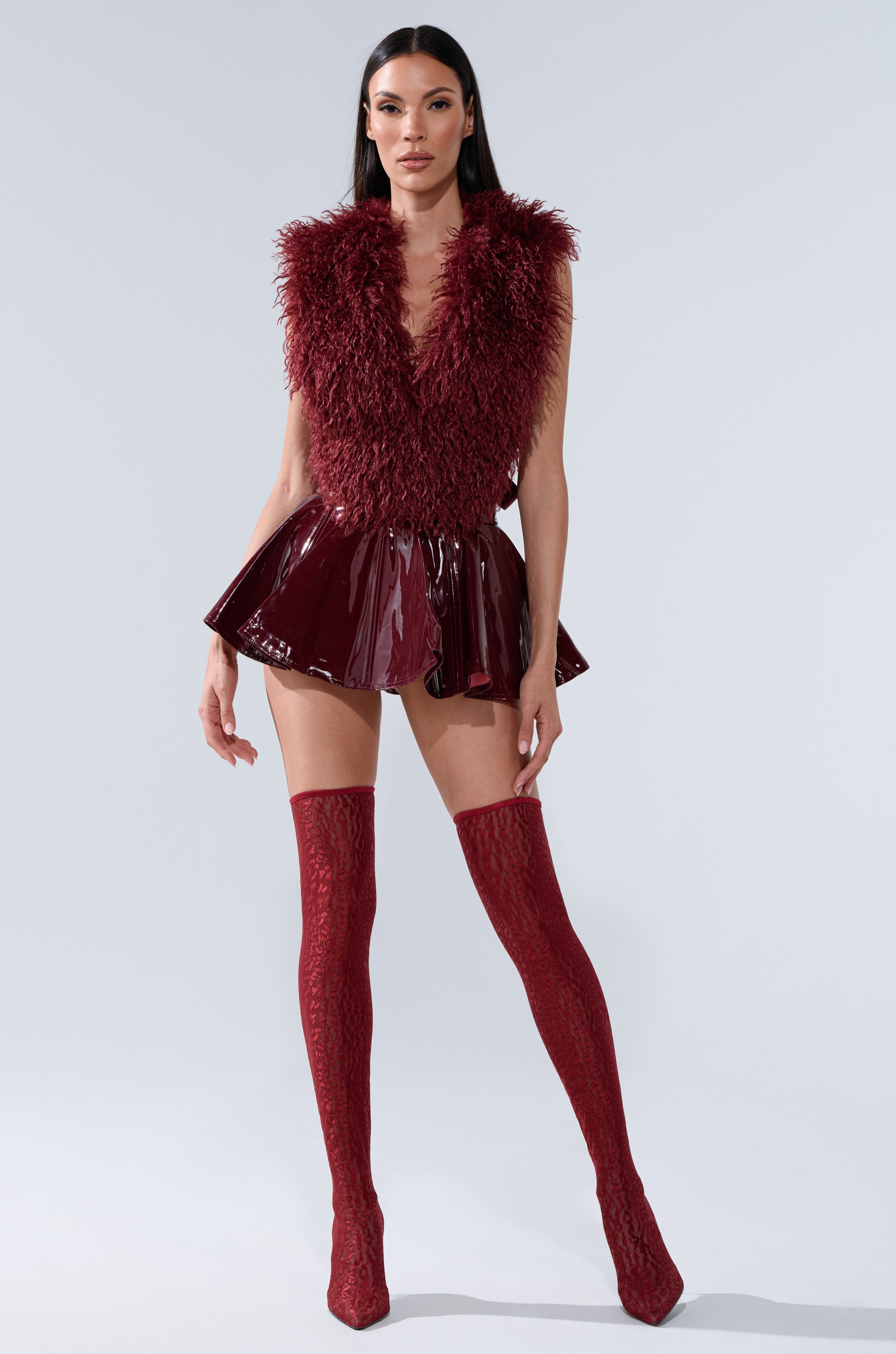 SHE IS ON FIRE FAUX LEATHER MINI SKIRT IN BURGUNDY