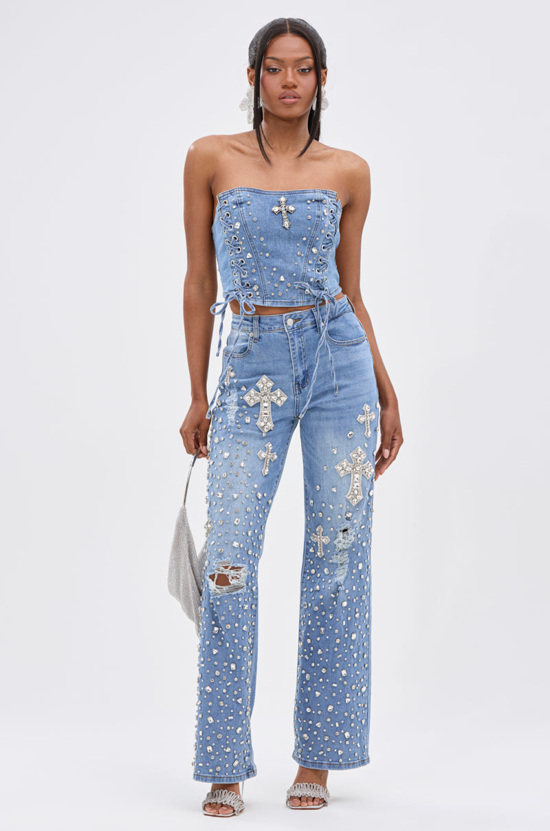 FEELING GRATEFUL RHINESTONE RELAXED DENIM