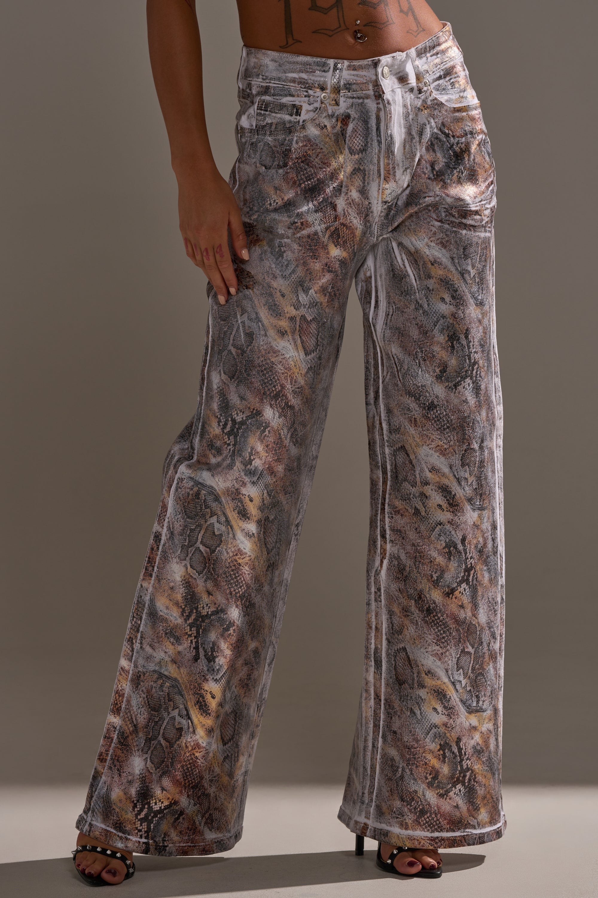 ADDICTED TO YOU METALLIC SNAKE WIDE LEG DENIM