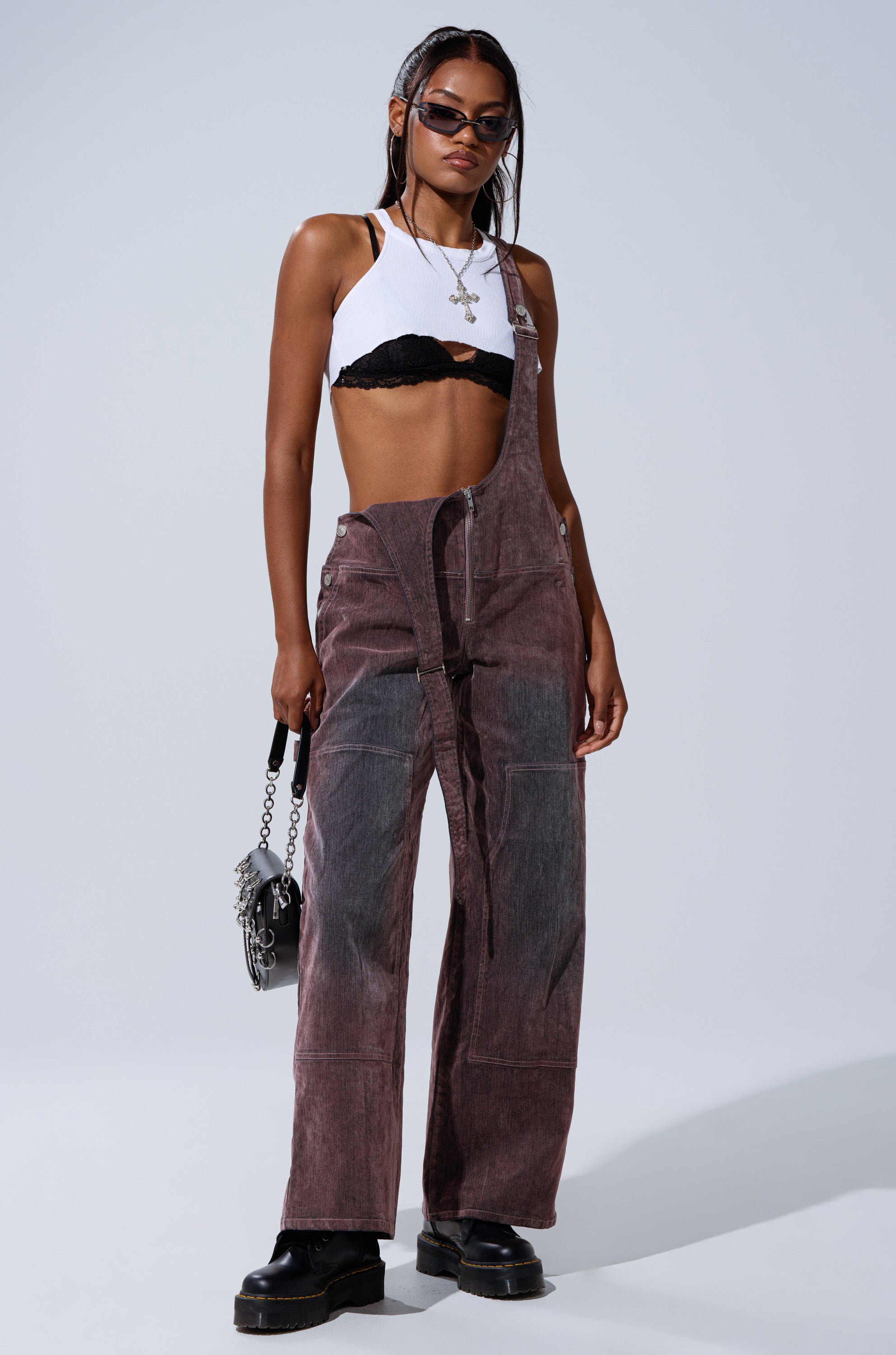 DOUBLE KNEE TEXTURED DENIM OVERALLS