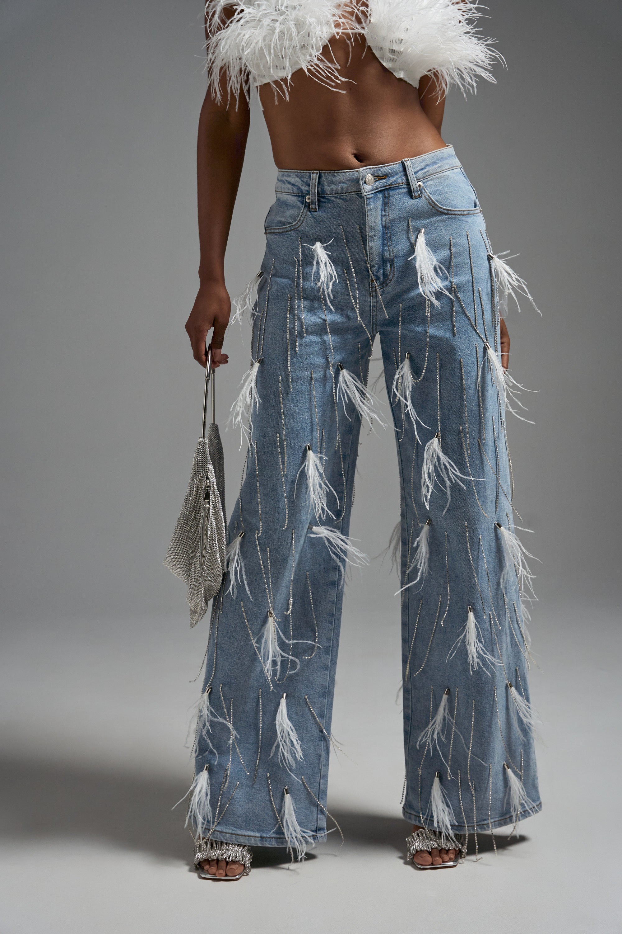 SHAKE IT FOR ME GIRL FEATHER EMBELLISHED DENIM