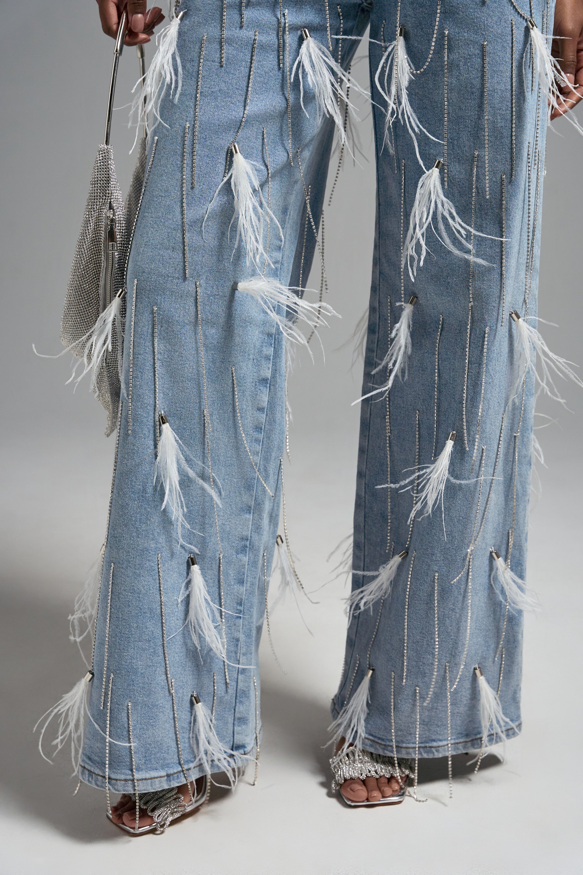 SHAKE IT FOR ME GIRL FEATHER EMBELLISHED DENIM