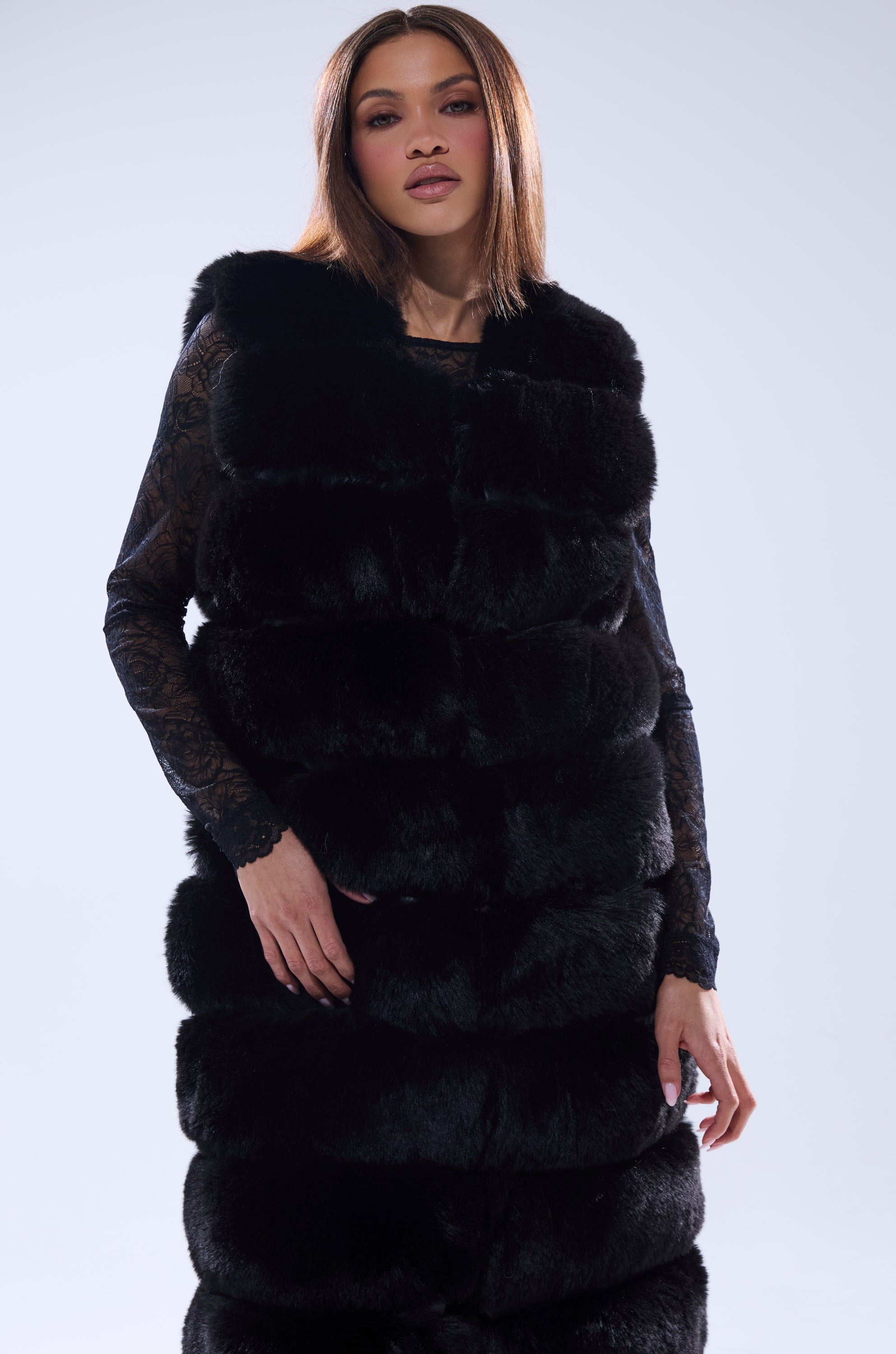 JENNY LIN FAUX FUR MAXI VEST IN BLACK