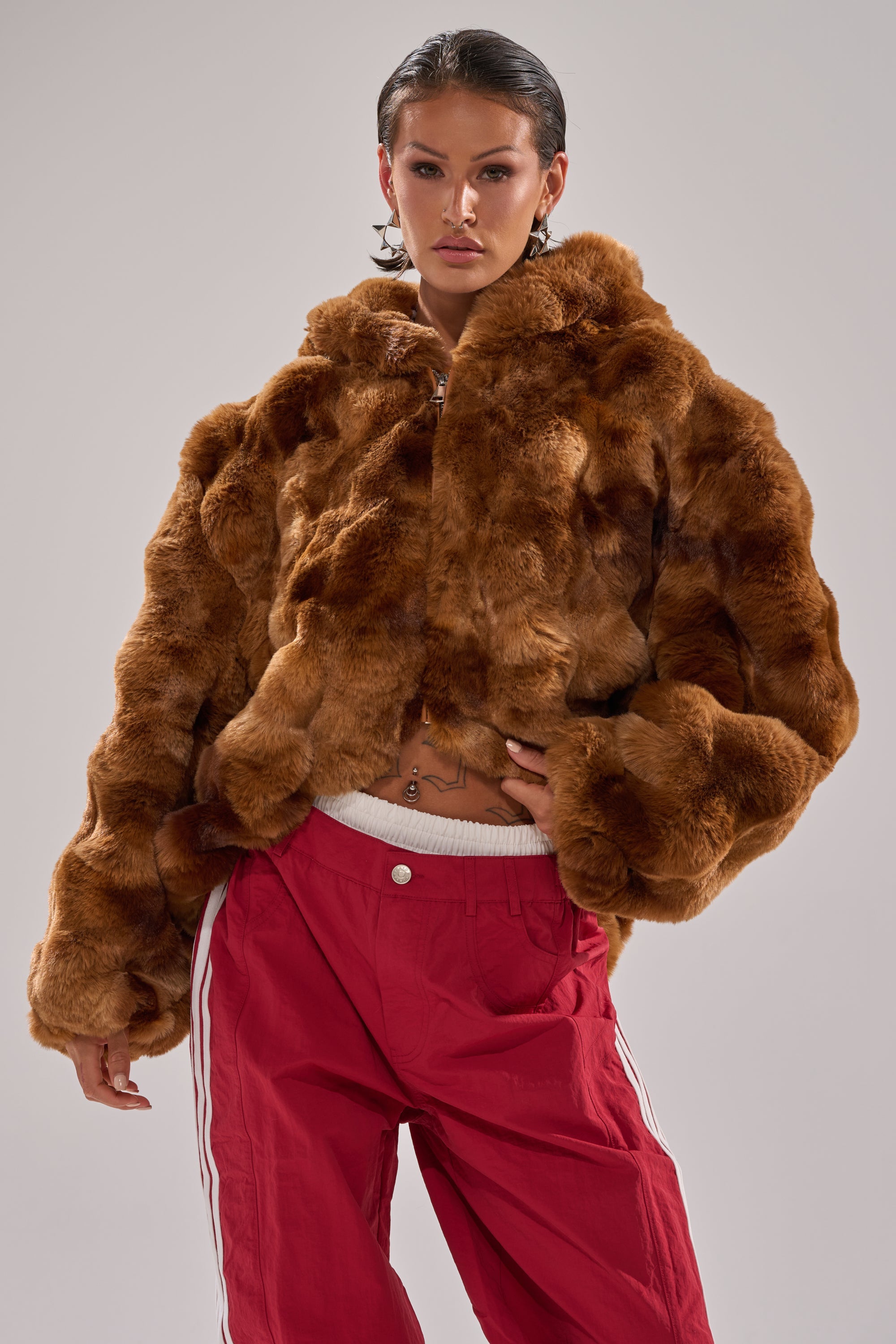 LOOK AT ME NOW HOODED FUR BOMBER IN BROWN