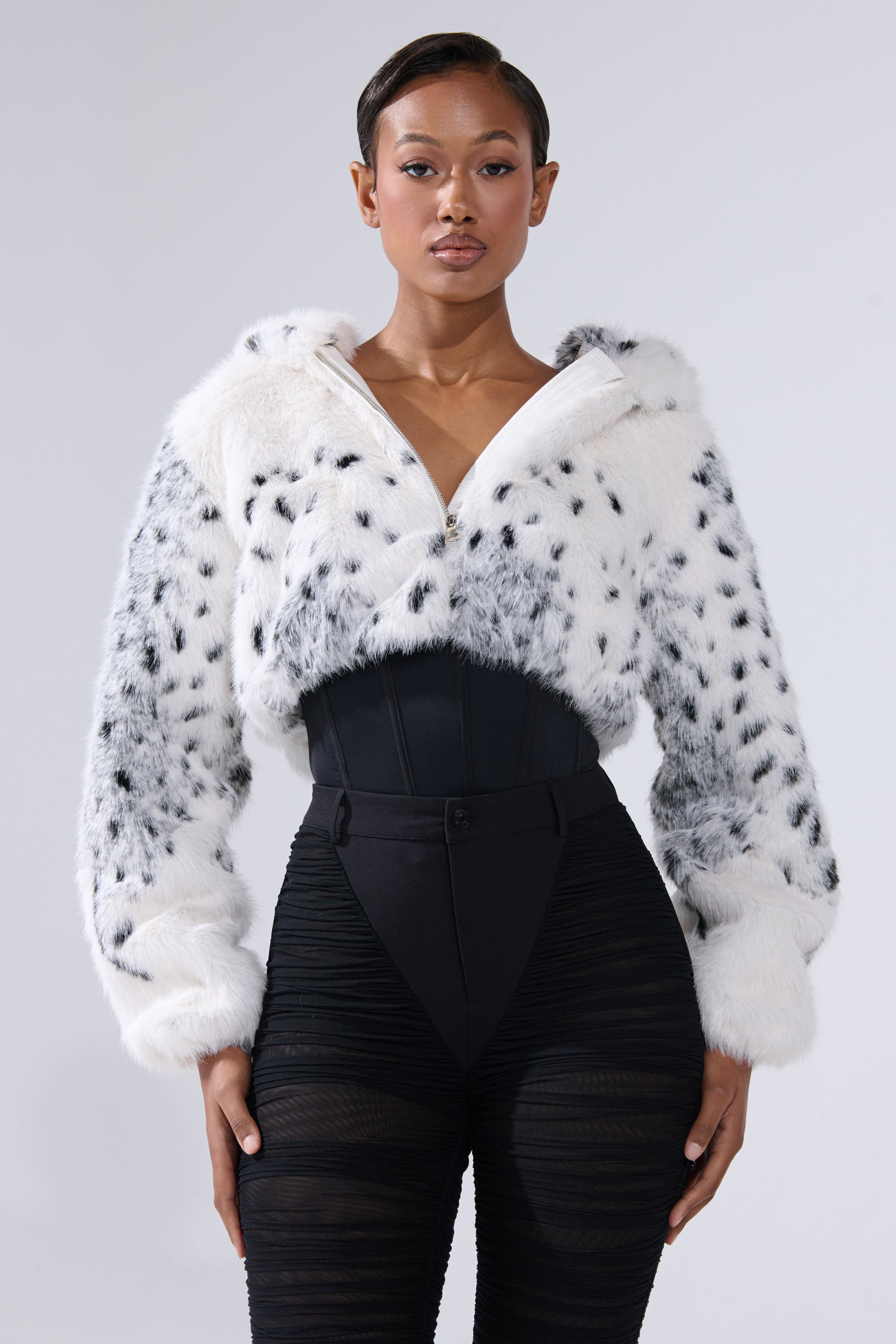 SNOW LEOPARD HOODED FUR BOMBER