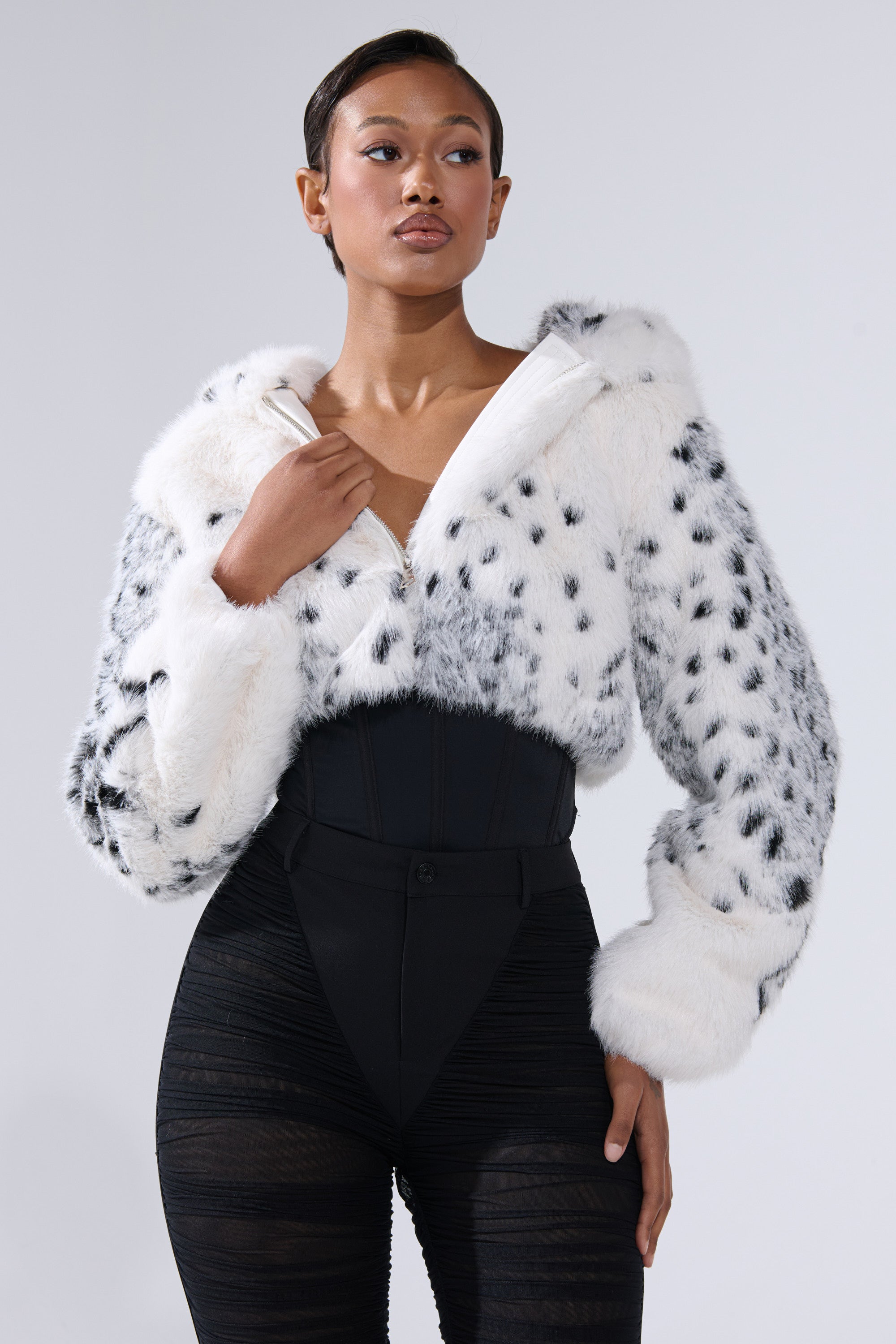 SNOW LEOPARD HOODED FUR BOMBER