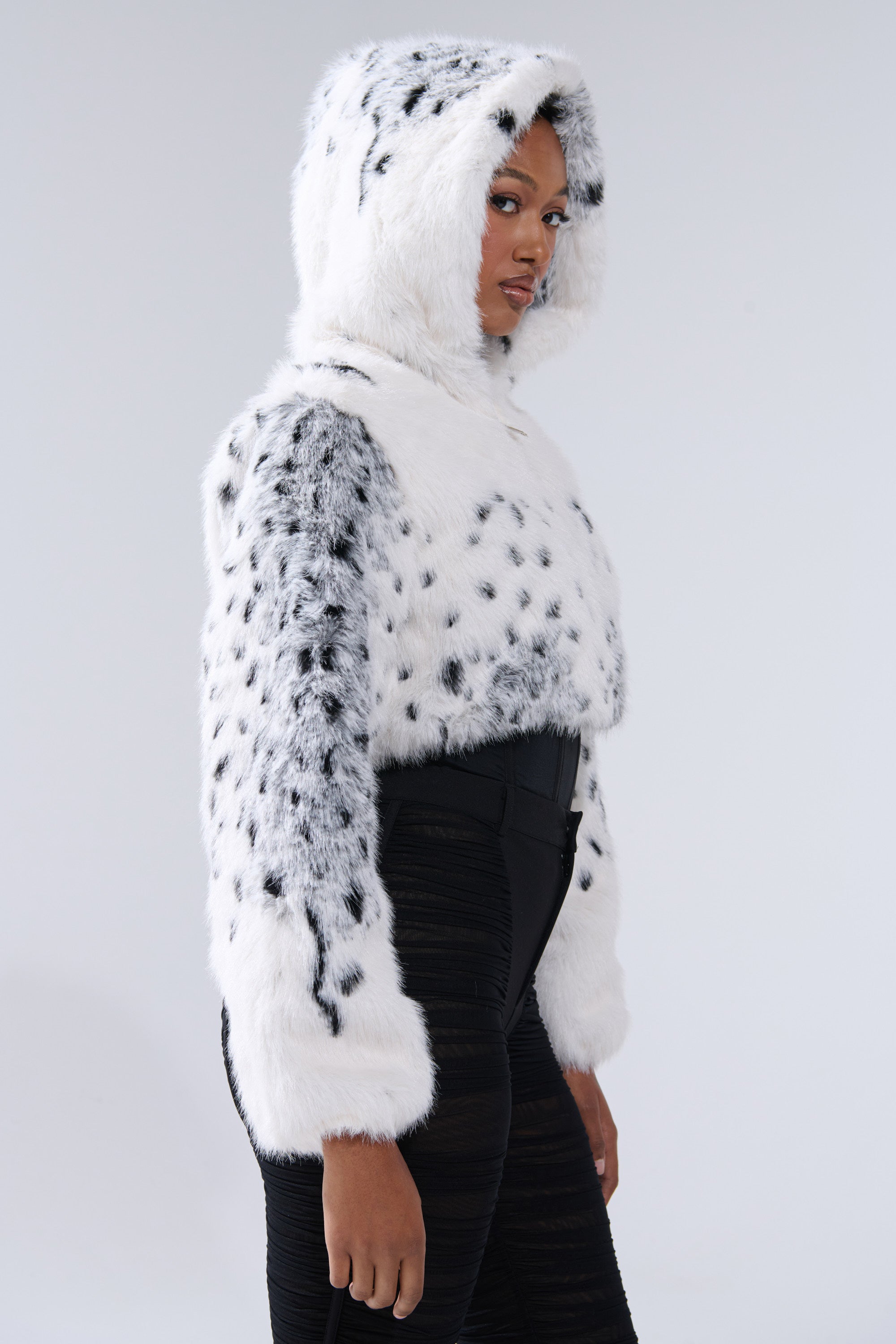 SNOW LEOPARD HOODED FUR BOMBER