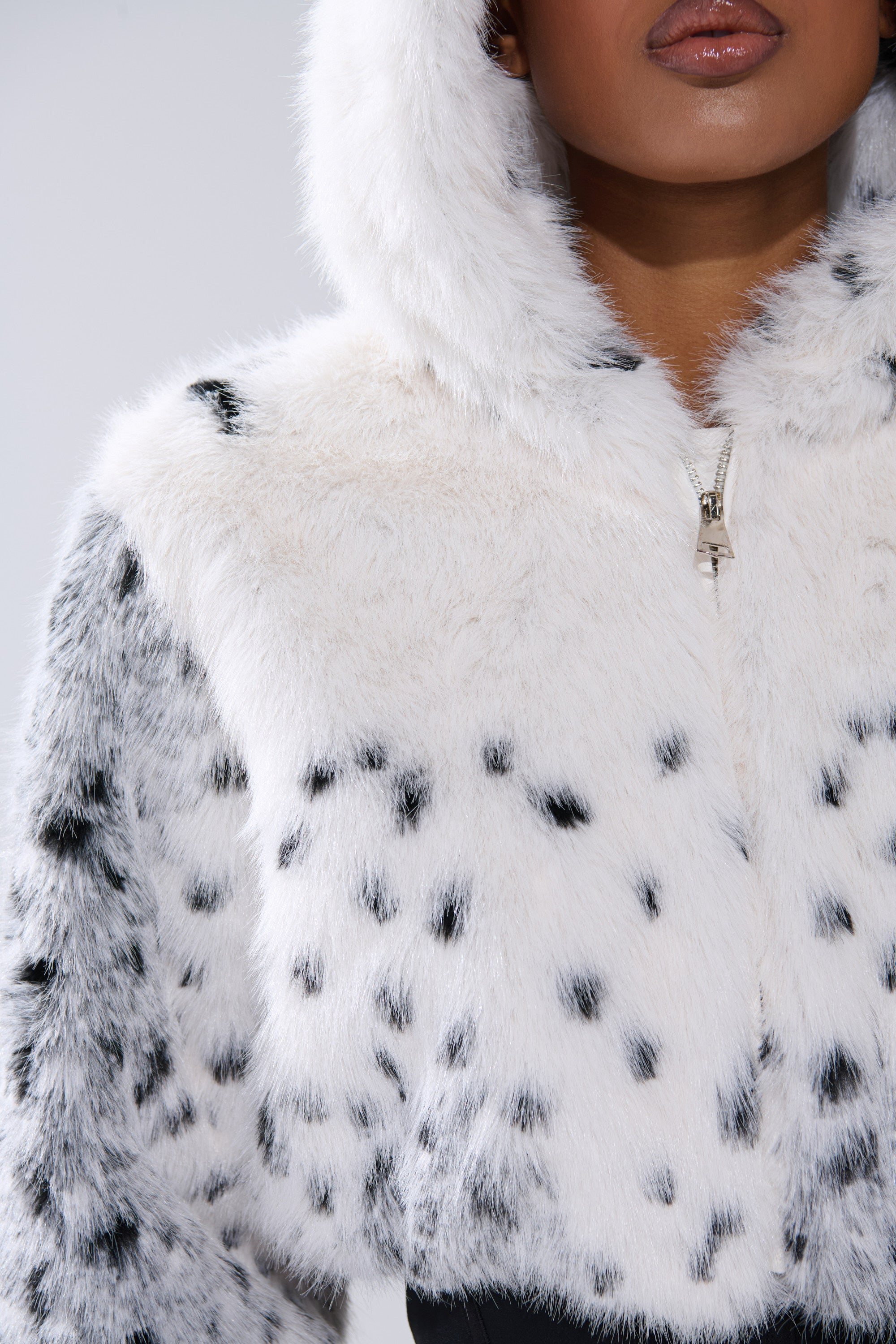 SNOW LEOPARD HOODED FUR BOMBER