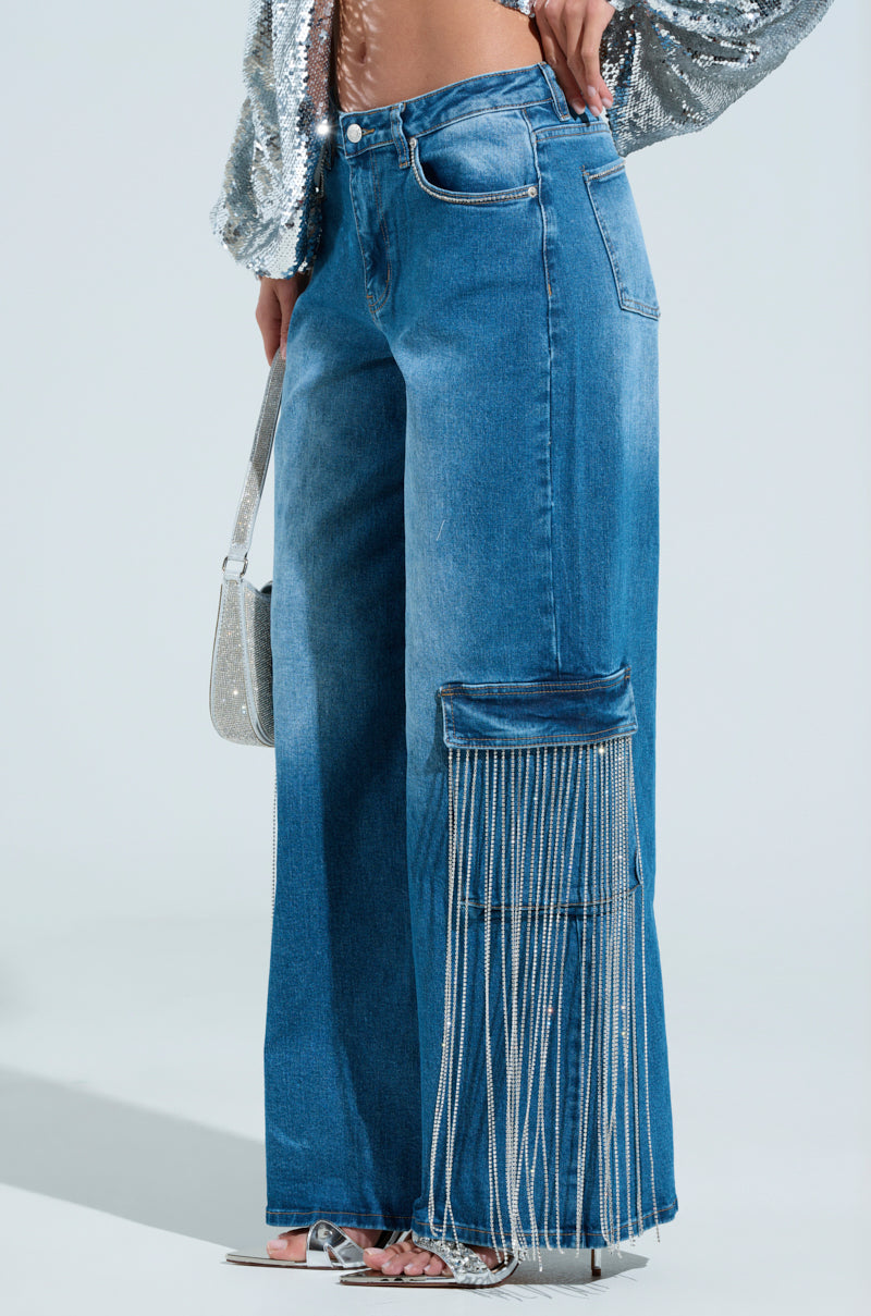 GIMME GIMME RHINESTONE CHAIN CARGO JEANS